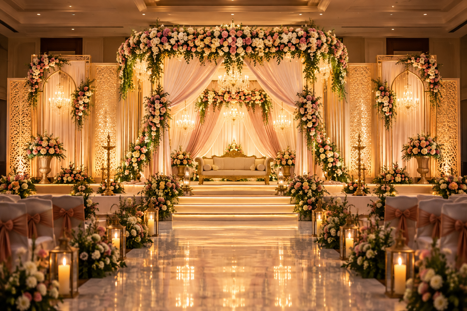 Grand wedding banquet hall with crystal chandeliers